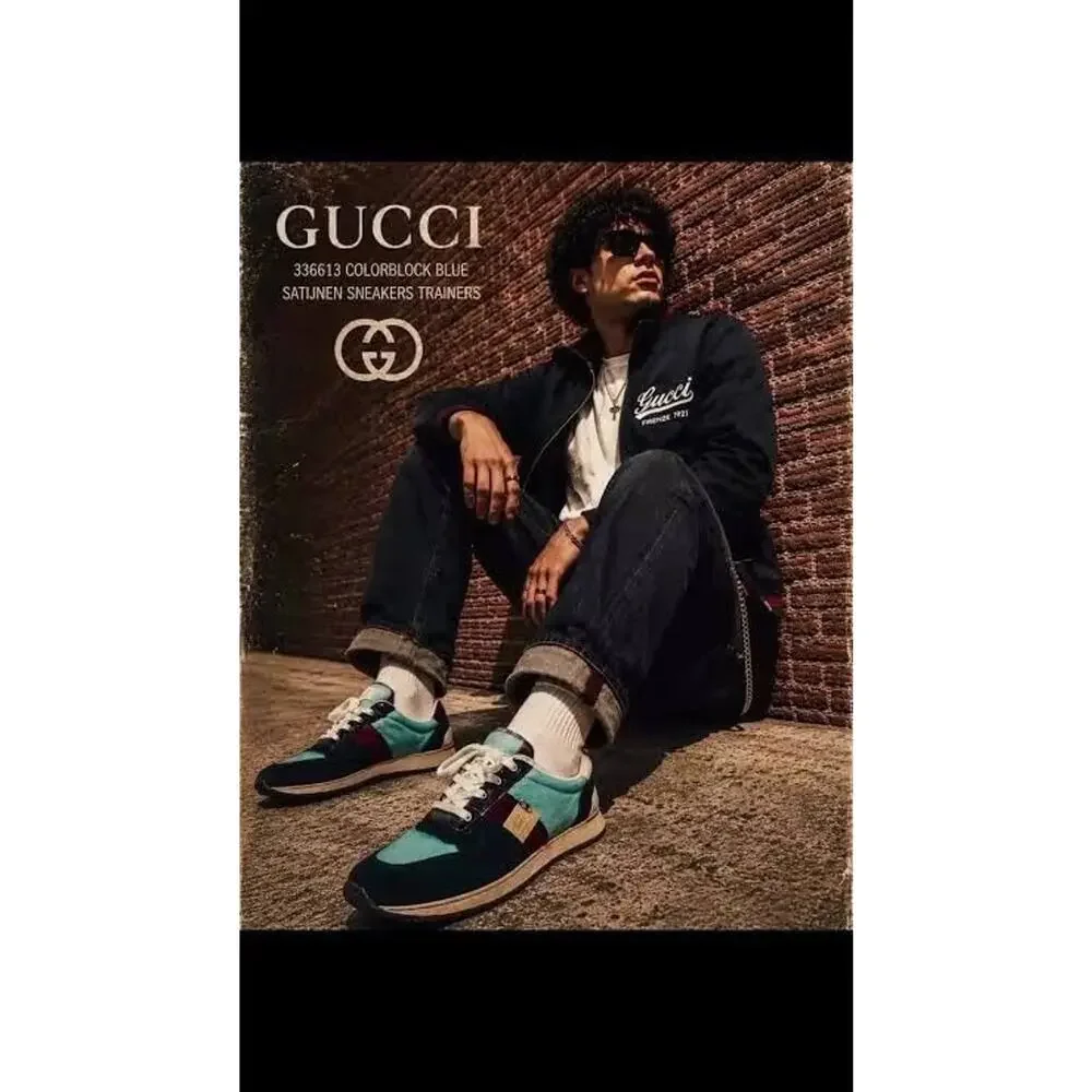 NIB GUCCI 3366 MULTICOLOR BLACK BURGUNDY GUCCI LOGO SATIN SNEAKERS TRAINERS 13.5